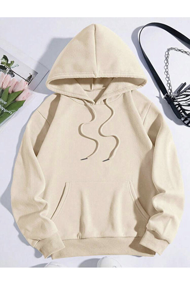 Kapüşonlu Bej Keep A Postive Oversıze Sweatshirt - 2