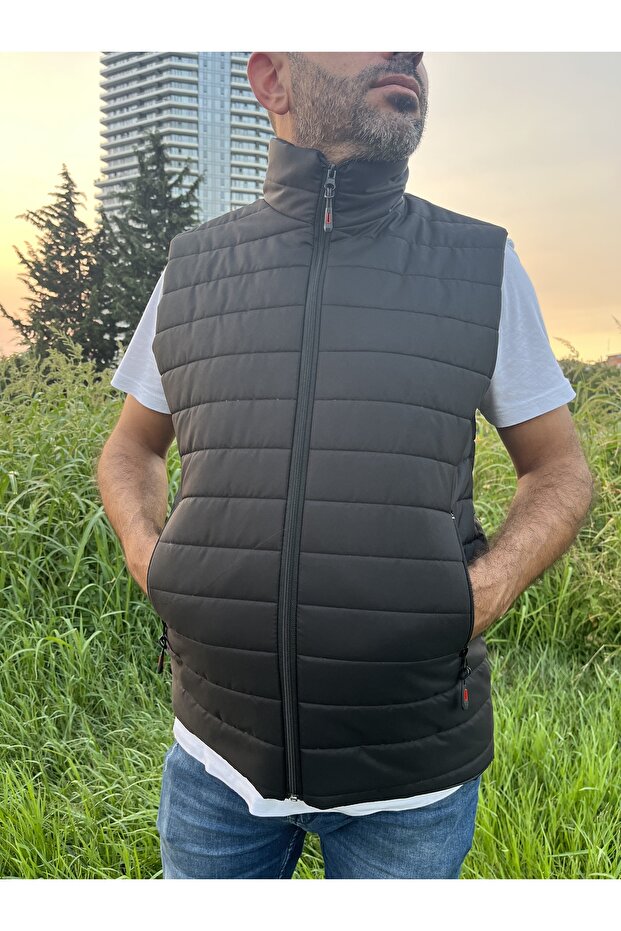 Чоловічий чорний підкладковий водо- та вітронепроникний стьобаний зручний крій надувний жилет - 5