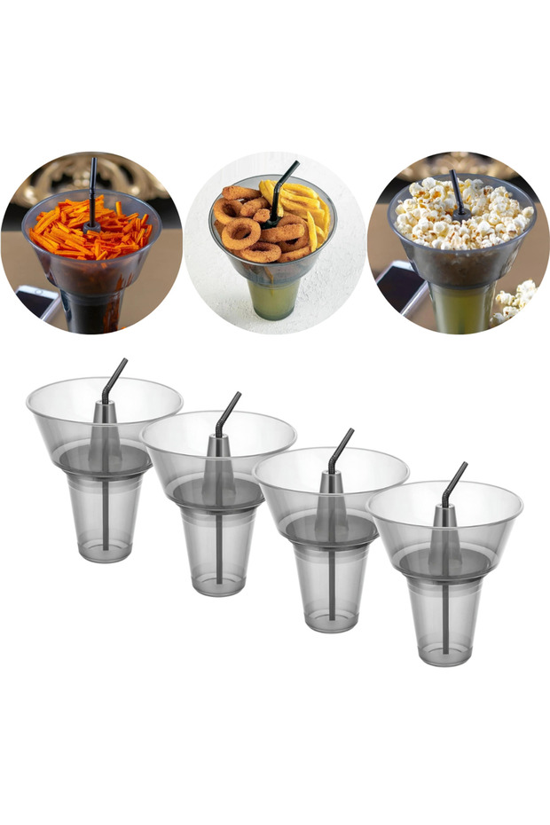 Set of 4 Practical Pop Corn Bucket with Straw Cup Snack Snack Plate Nuts Popcorn Chips