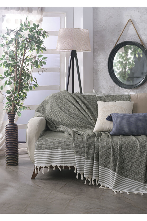 Bergama Khaki Buldan Sofa Cover 180 X 200 cm Sofa Shawl Sofa Bed Cover Cotton Throw