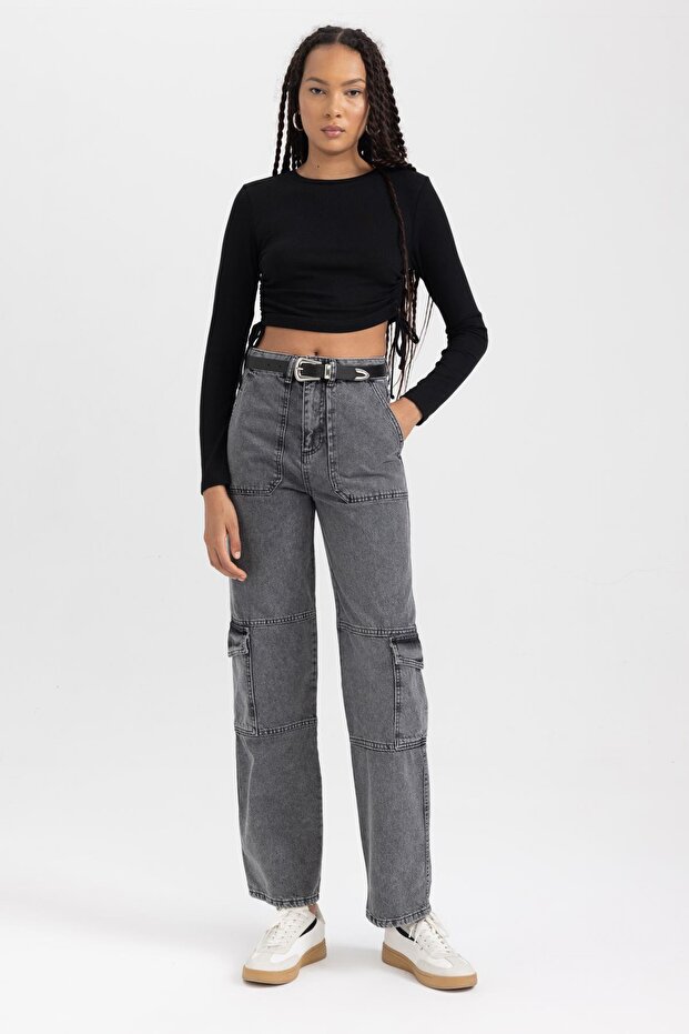 Fitted Basic Uzun Kollu Crop Tişört - 2