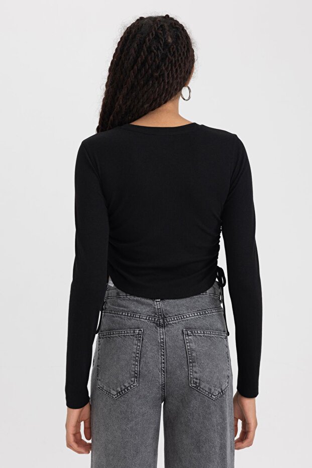 Fitted Basic Uzun Kollu Crop Tişört - 7