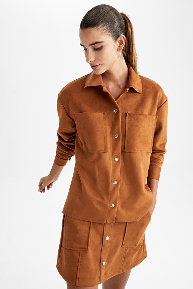 Oversize Fit Shirt Collar Suede Long Sleeve Shirt