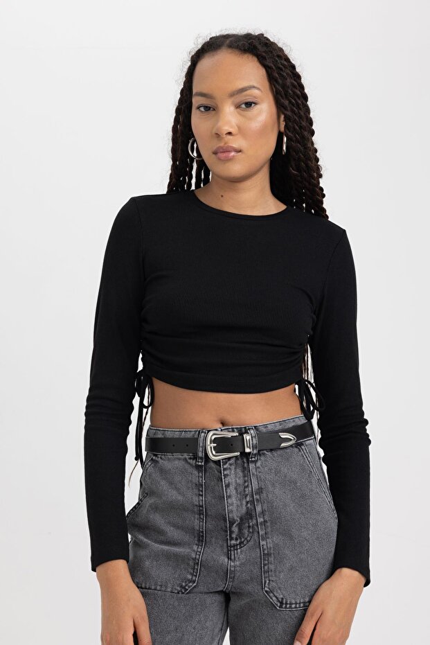 Fitted Basic Uzun Kollu Crop Tişört - 1