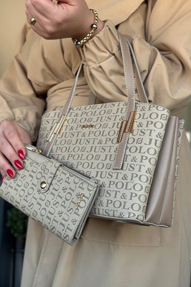 Women's Printed Patterned Shoulder Bag and Wallet Set 2066-Jp Sand Combination -Gzd-