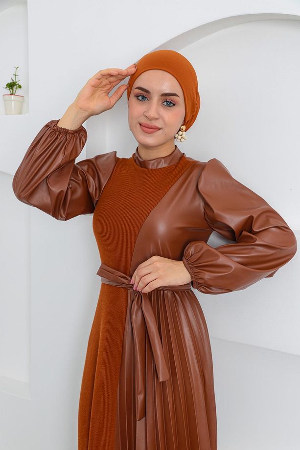 Piliseli Derili Elbise Taba - 4