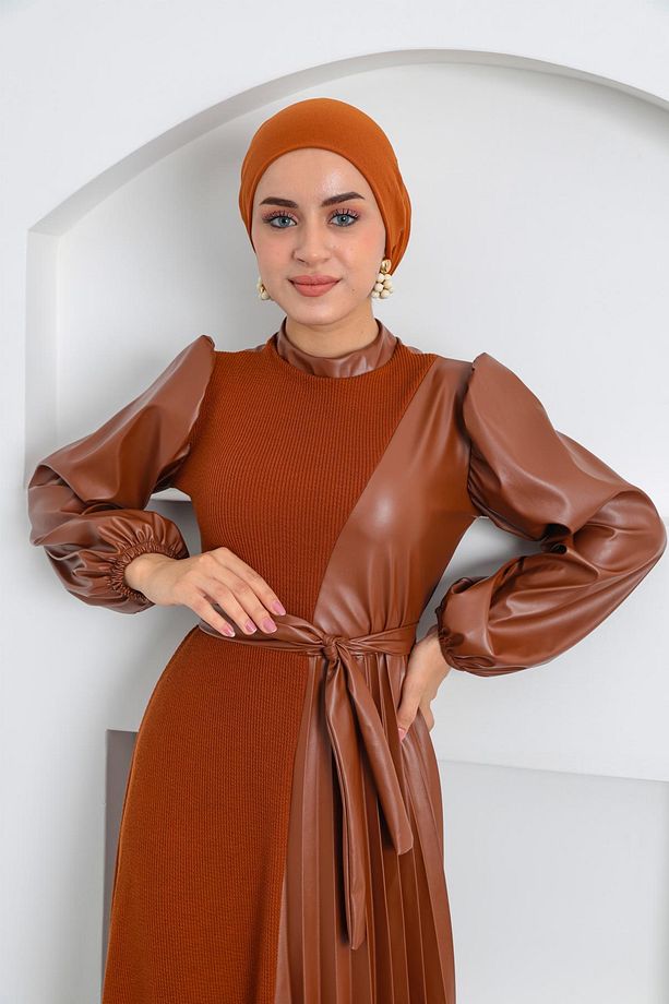 Piliseli Derili Elbise Taba - 3