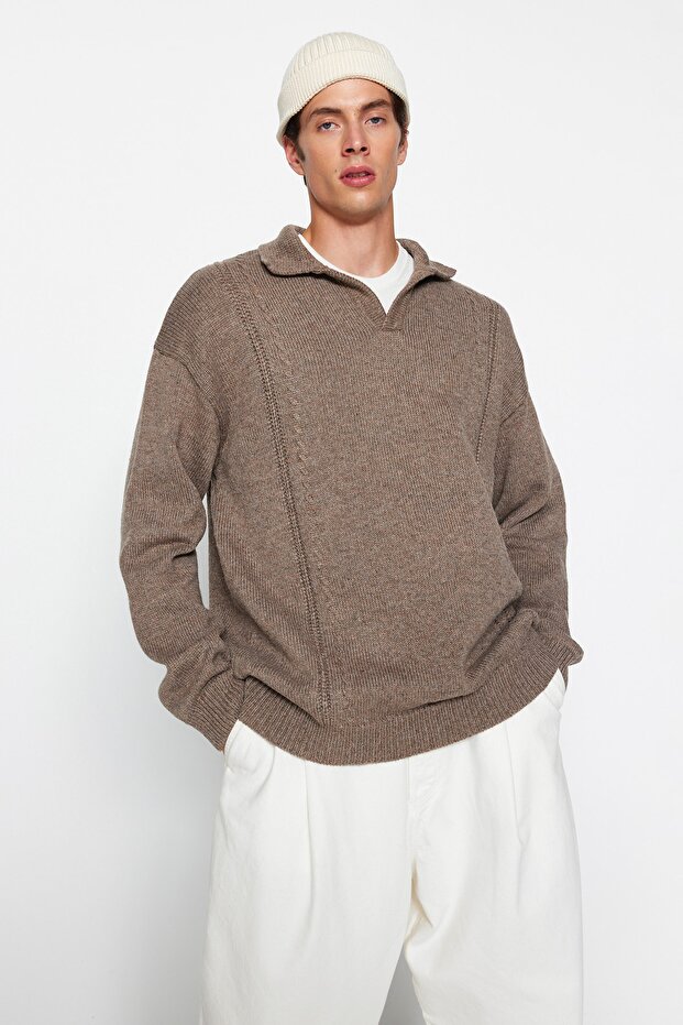 Vizon Oversize Fit Yünlü Geniş Kalıp Polo Yaka Triko Kazak TMNAW24KZ00049 - 1