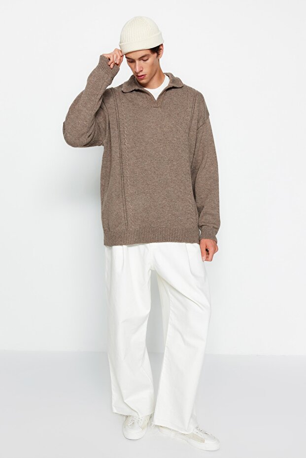 Vizon Oversize Fit Yünlü Geniş Kalıp Polo Yaka Triko Kazak TMNAW24KZ00049 - 5
