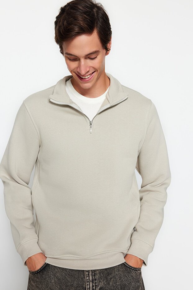 Taş Regular/Normal Kesim Dik Yaka Fermuarlı Pamuklu Basic İçi Polarlı Sweatshirt TMNAW24SW00041 - 2