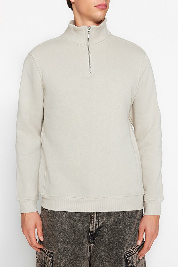 Taş Regular/Normal Kesim Dik Yaka Fermuarlı Pamuklu Basic İçi Polarlı Sweatshirt TMNAW24SW00041 - 4