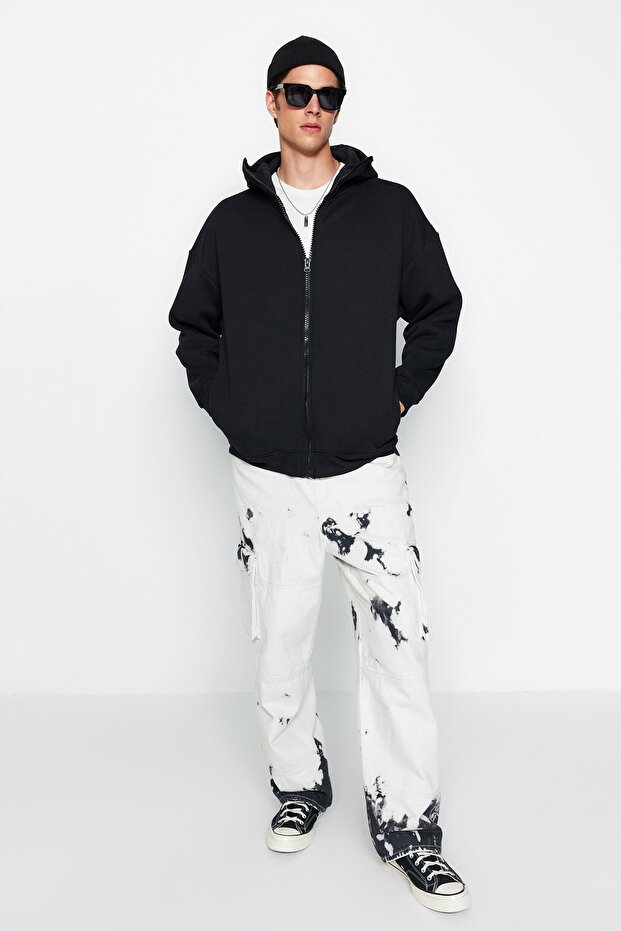 Siyah Oversize/Geniş Kesim Fermuarlı İçi Polar Kapüşonlu Sweatshirt-Hırka TMNAW24SW00049 - 2