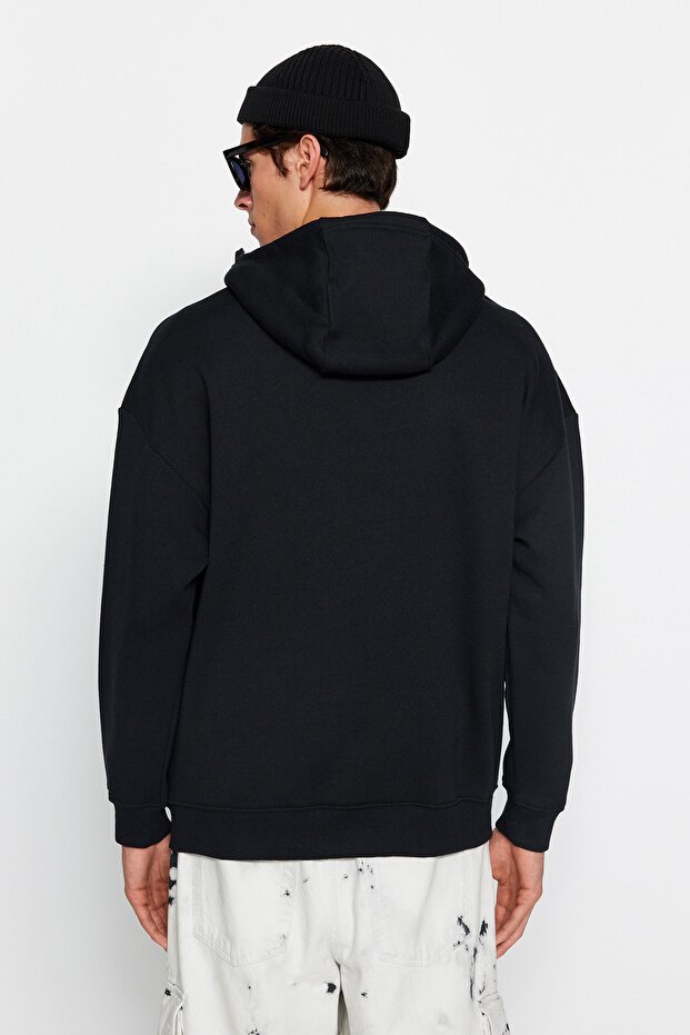 Siyah Oversize/Geniş Kesim Fermuarlı İçi Polar Kapüşonlu Sweatshirt-Hırka TMNAW24SW00049 - 6
