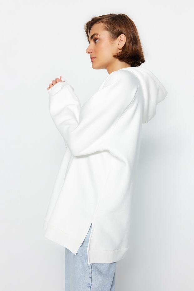 Ekru Kapüşonlu Oversize Şardonlu Örme Sweatshirt - 1
