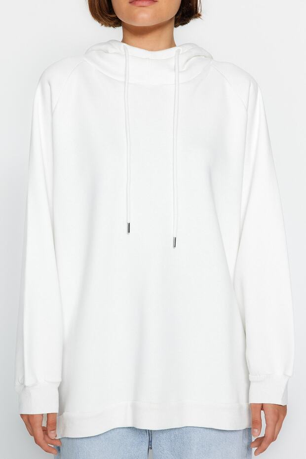Ekru Kapüşonlu Oversize Şardonlu Örme Sweatshirt - 4