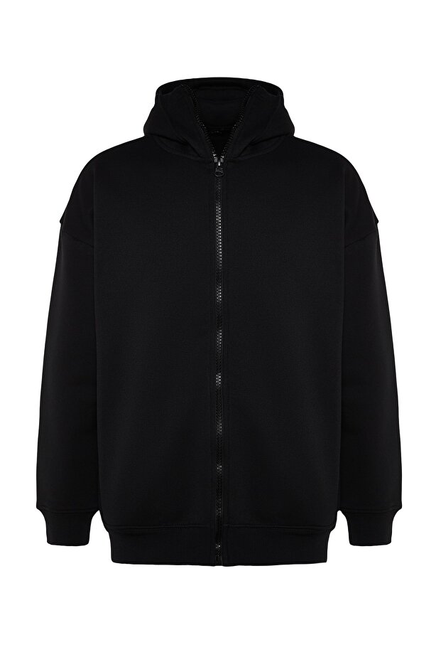 Siyah Oversize/Geniş Kesim Fermuarlı İçi Polar Kapüşonlu Sweatshirt-Hırka TMNAW24SW00049 - 8