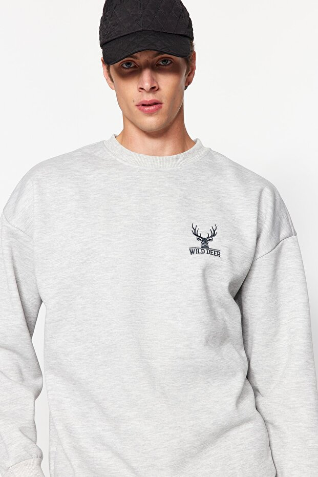 Gri Melanj Oversize/Geniş Kesim Uzun Kol Hayvan Nakışlı Sweatshirt TMNAW24SW00164 - 2