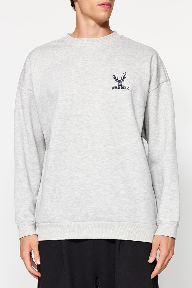 Gri Melanj Oversize/Geniş Kesim Uzun Kol Hayvan Nakışlı Sweatshirt TMNAW24SW00164 - 3