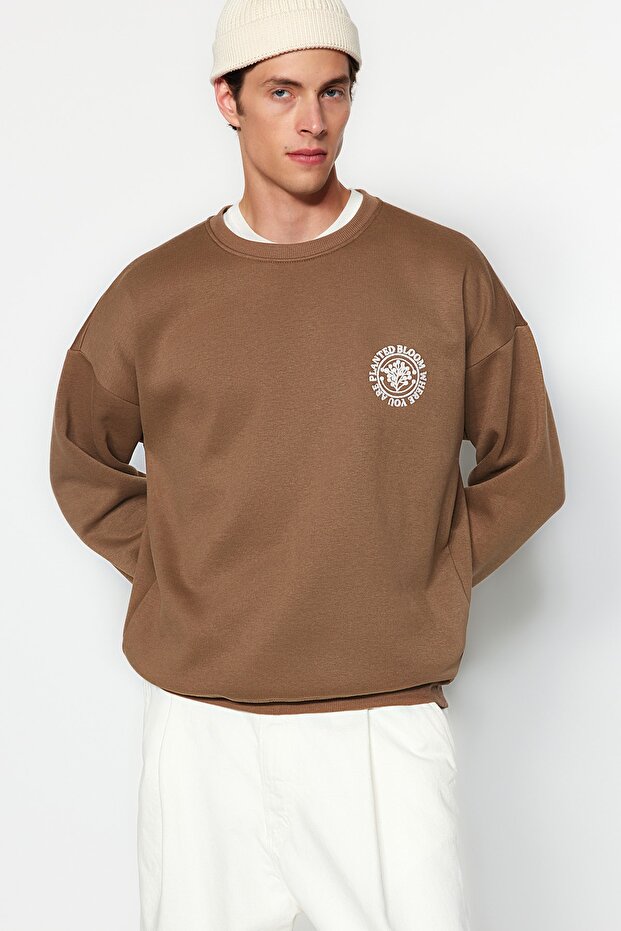 Kahverengi Oversize/Geniş Kesim Çiçek Nakış İçi Polar/Sıcak Tutan Pamuk Sweatshirt TMNAW24SW00012 - 4