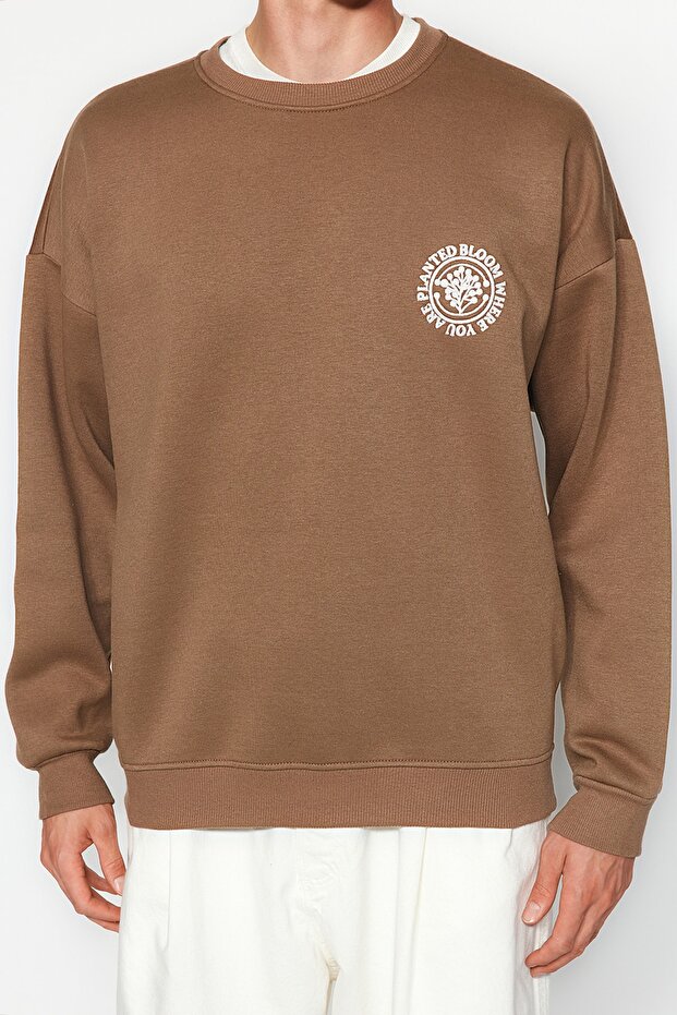 Kahverengi Oversize/Geniş Kesim Çiçek Nakış İçi Polar/Sıcak Tutan Pamuk Sweatshirt TMNAW24SW00012 - 5