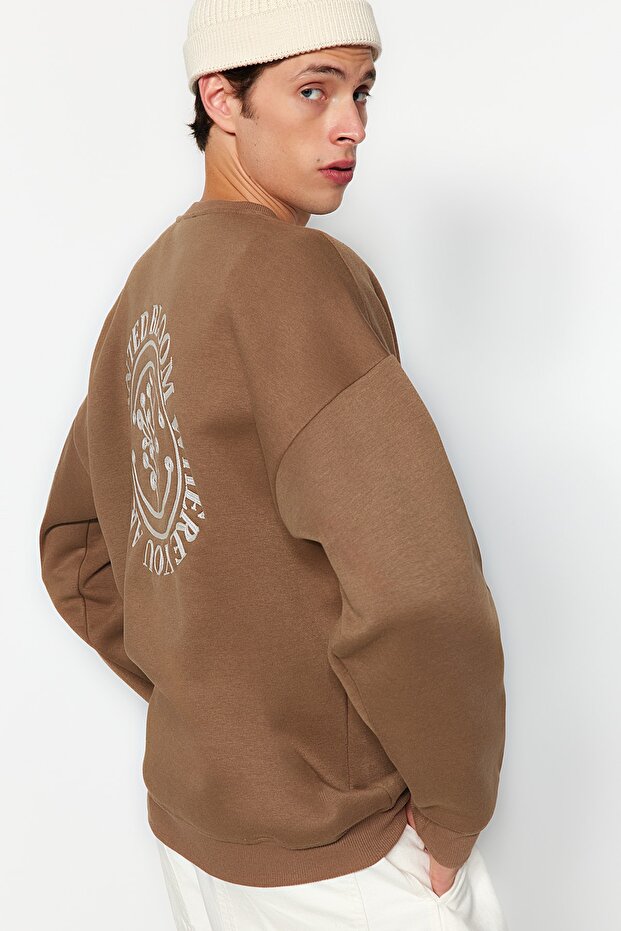 Kahverengi Oversize/Geniş Kesim Çiçek Nakış İçi Polar/Sıcak Tutan Pamuk Sweatshirt TMNAW24SW00012 - 6