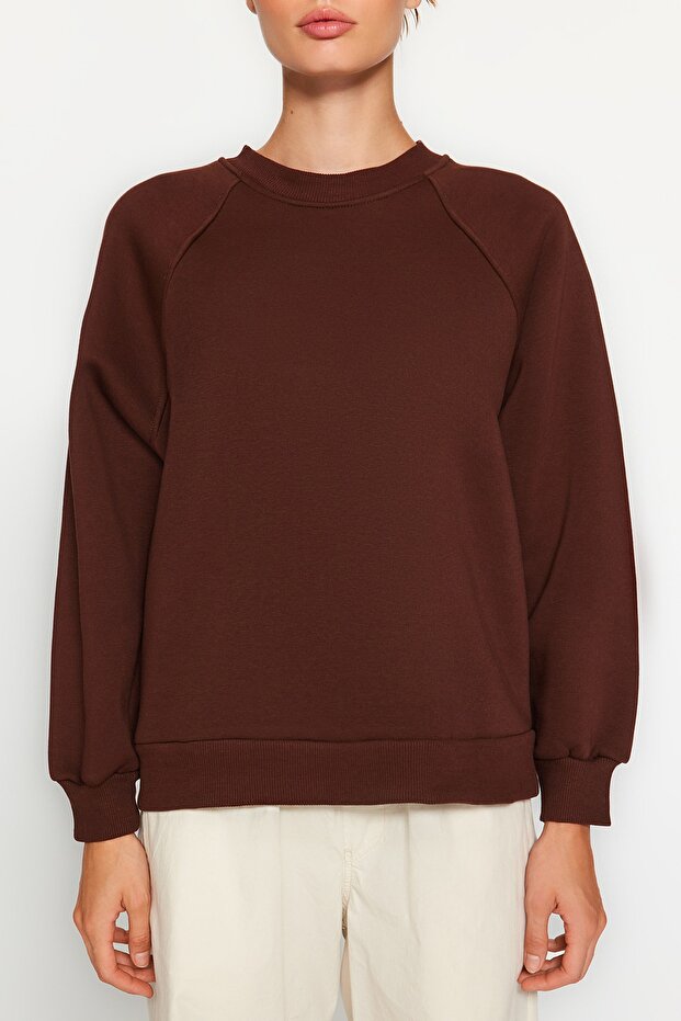 Koyu Kahverengi Relaxed/Rahat Kalıp Basic Reglan Kol Bisiklet Yaka Örme Sweatshirt TWOAW24SW00104 - 6