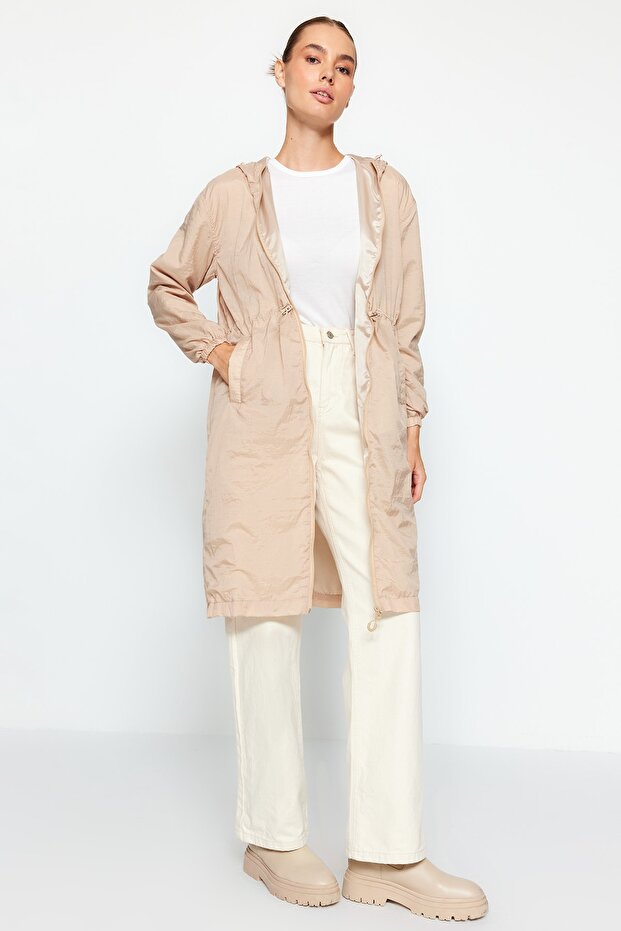Bej Oversize Kapüşonlu Su İtici Yağmurluk TWOAW24MO00280 - 1