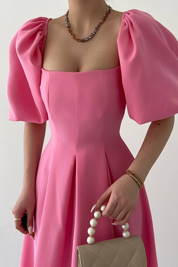 Розова вечерна рокля без презрамки с яка и плисирана разкроена плат Атлас, разкроена, дълга миди с къси балонени ръкави 167 - 7