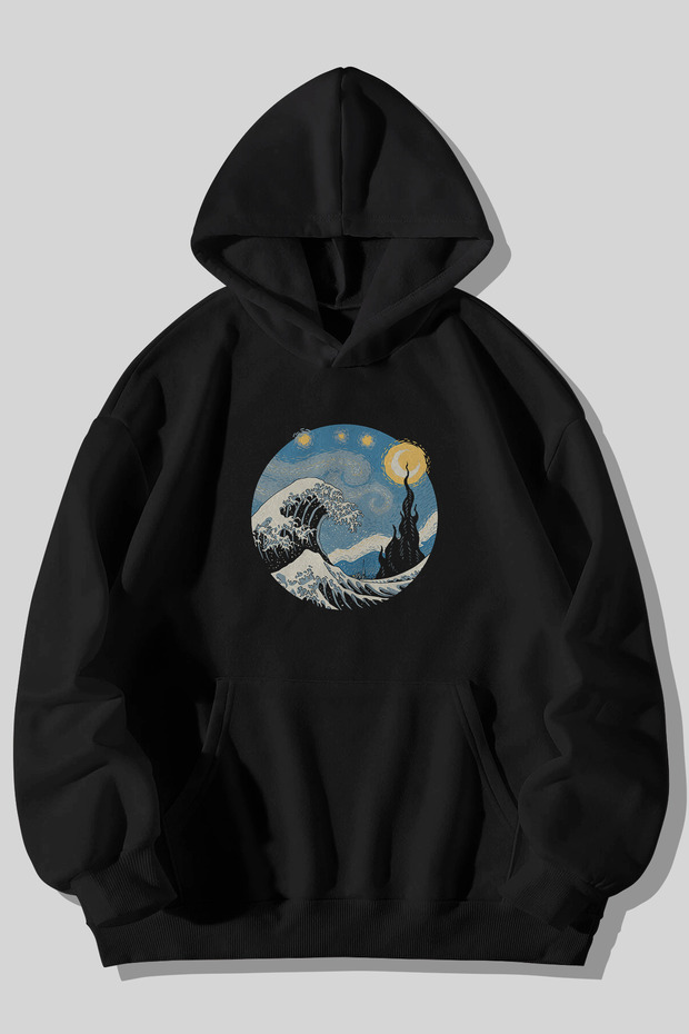 Starry Night Wave - Wave Printed Unisex Black Kangaroo Pocket Hooded Sweatshirt Hoodie