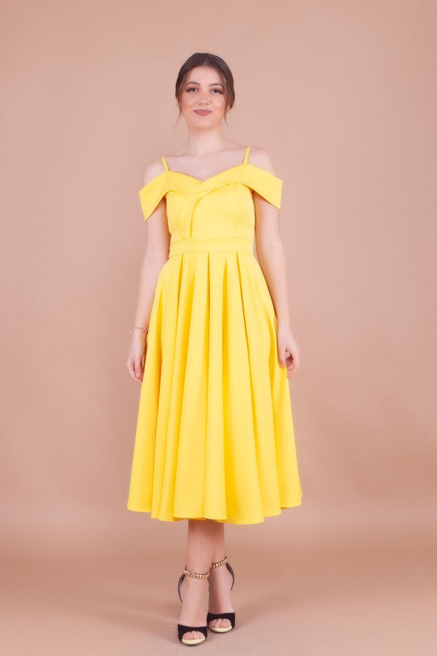 Yellow Midi Strap Off-Shoulder Detail Pleated Dress