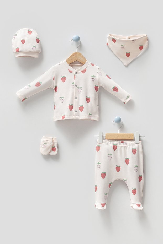 Strawberry Patterned Newborn Baby Girl Hospital Discharge Set of 5