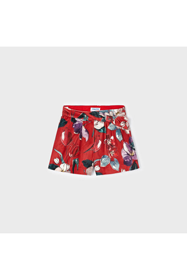 Girl's Leaf Patterned Velvet Shorts Red L24K4213