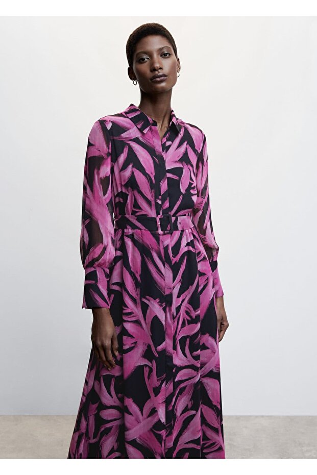 Desenli Şifon Elbise - 1