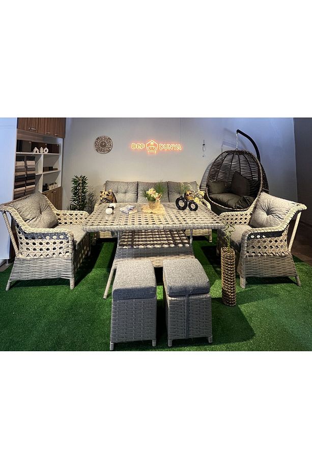 Lumar Rattan Bahçe Mobilyası Bahçe Takımı Oturma Grubu 3'lü - 7 Kişilik Bahçe Takımı - 7