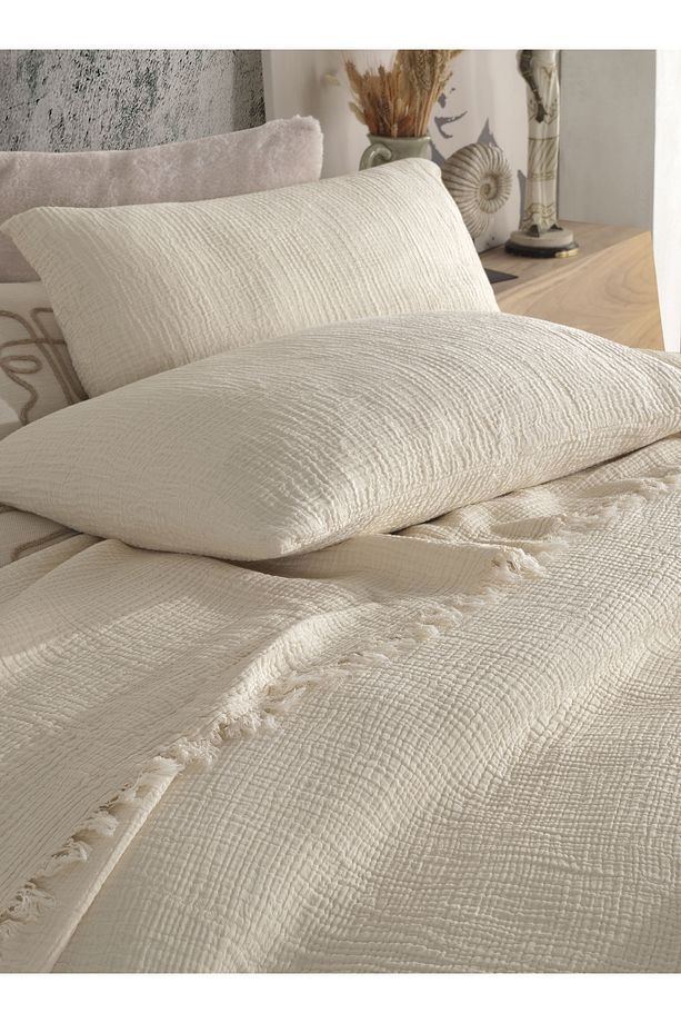 Ivory Tek Kişilik 160 X 240cm Yatak Örtüsü/1 Adet 50x70cm Yastık 4 Katlı Multi Muslin %100 Pamuk - 5