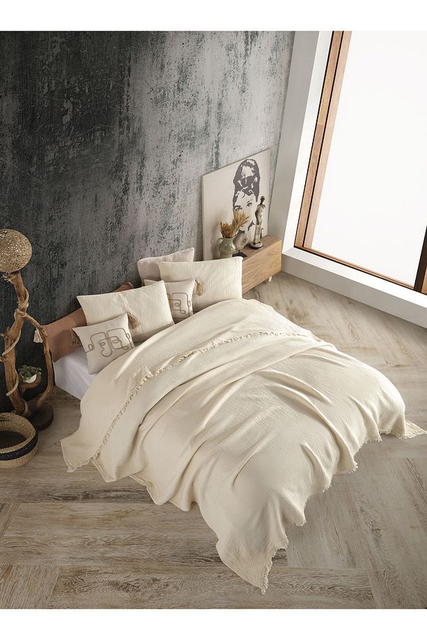 Ivory Tek Kişilik 160 X 240cm Yatak Örtüsü/1 Adet 50x70cm Yastık 4 Katlı Multi Muslin %100 Pamuk - 1