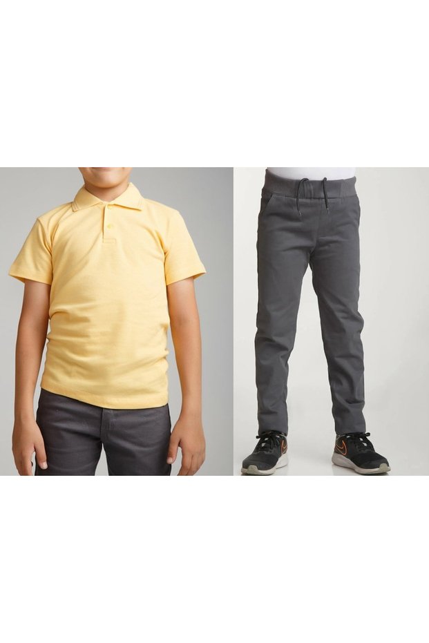 Unisex children's school light gray ribbed waist pants - short sleeve Polo collar T-shirt 2-piece set