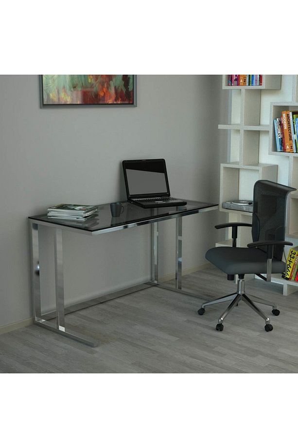 Tekli Desk Çalışma Masası Parlak Paslanmaz Ayak Siyah Cam - 4