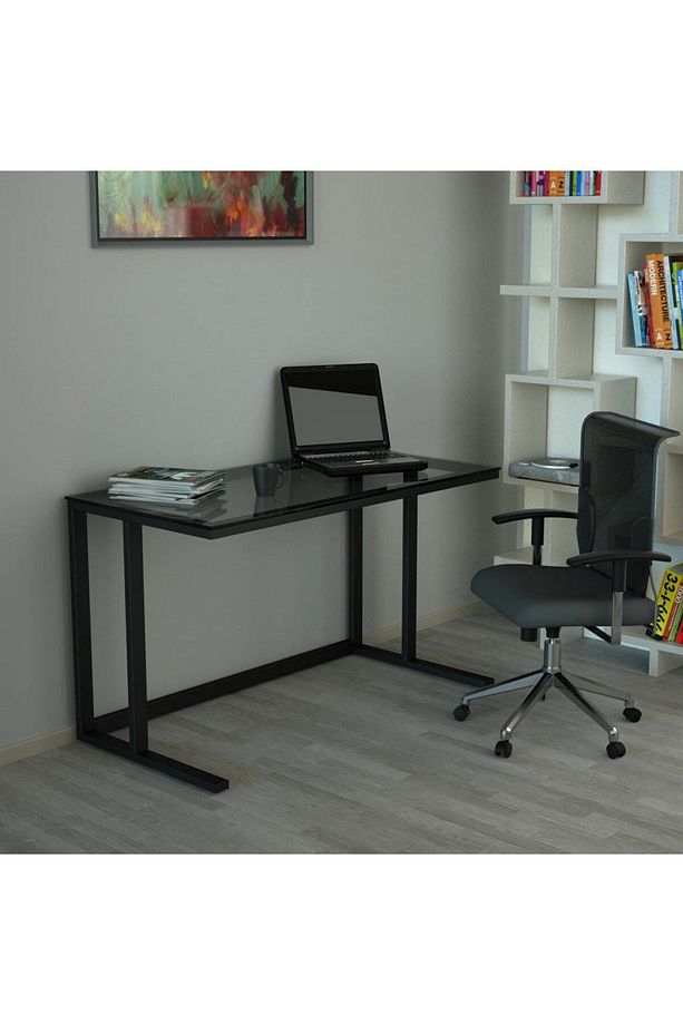 Tekli Desk Çalışma Masası Siyah Ayak Siyah Cam - 4