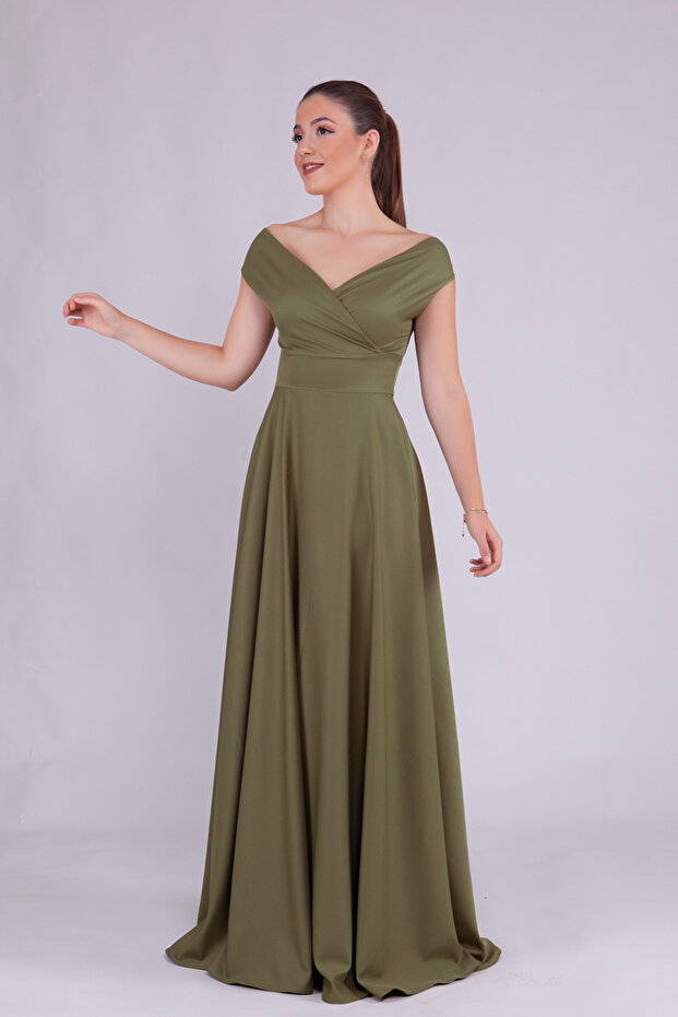 Khaki Maxi Length Boat Neck Draped Woven Fabric Flared Evening Dress