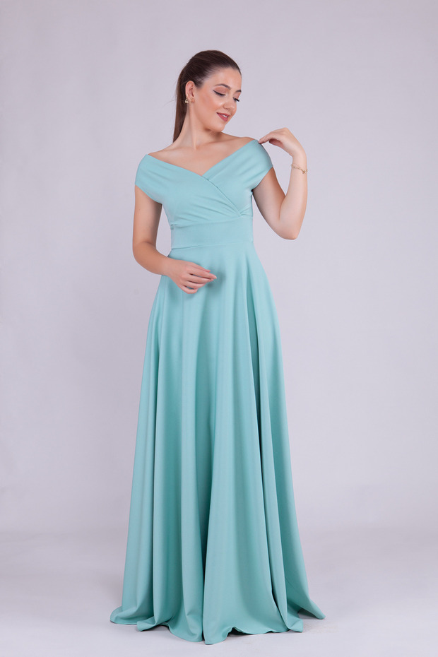 Mint Green Maxi Length Boat Neck Draped Woven Fabric Flared Evening Dress