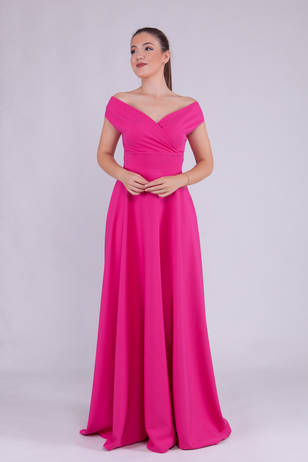 Fuchsia Maxi Length Boat Neck Draped Woven Fabric Flared Evening Dress