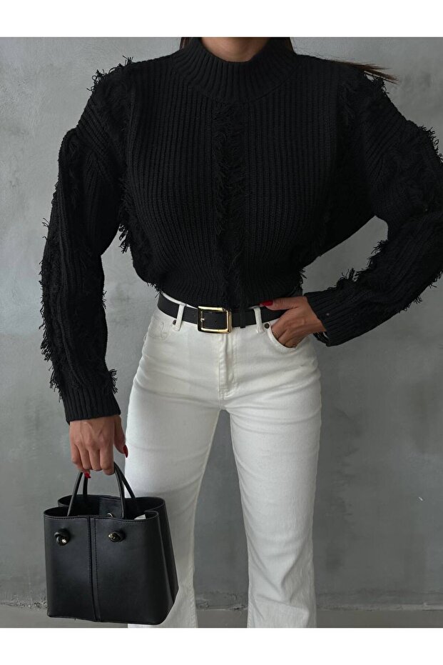 Women's Ripped Detailed Half-Neck Oversize Black Knitwear Sweater