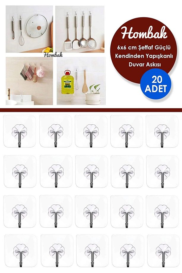 20 Adet Şeffaf Güçlü Kendinden Yapışkanlı Kapı Duvar Askıları - 1