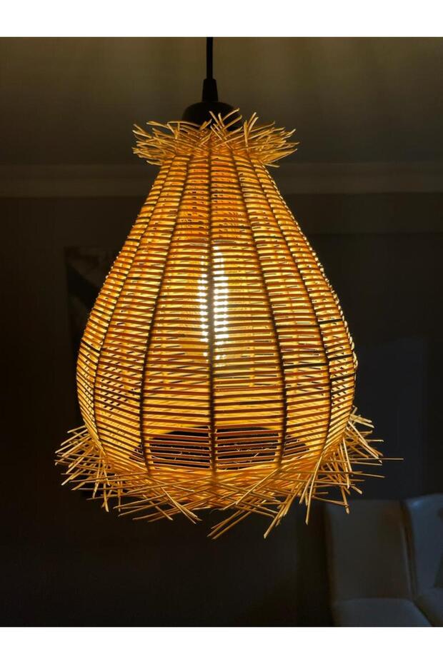 Renkli Hasır Rattan Bambu Avize 30 cm, Bohem Tarz Aydınlatma, Mutfak, Antre, Salon, Ofis - 2