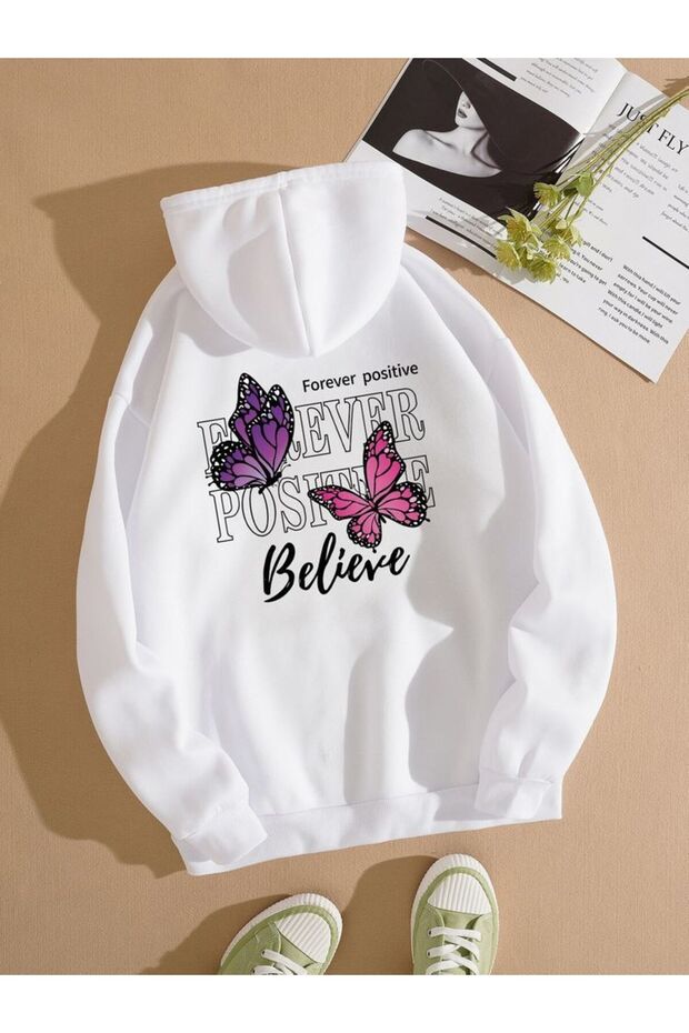 Girl's White Hooded Forever Butterfly Printed Sweatshirt