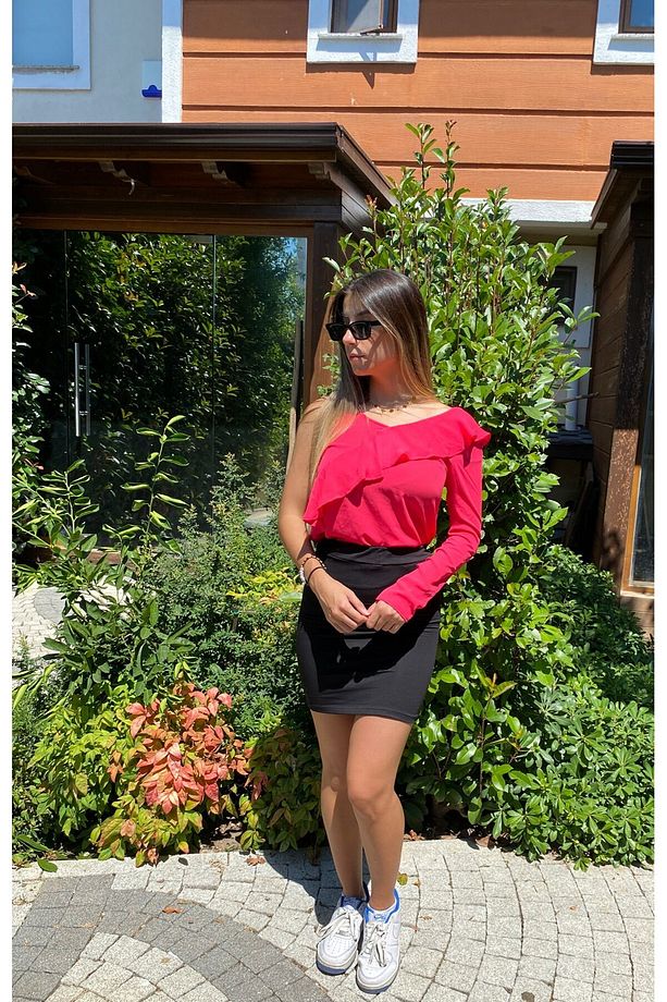 Neon Pembe Bluz Omuz Ve Fırfır Detaylı Tek Kol - 2