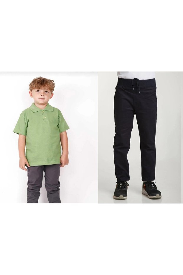 Unisex children's school ribbed waist trousers - green short sleeve Polo collar T-shirt 2-piece set