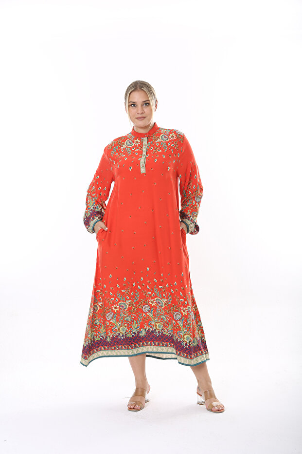 WOMEN'S LARGE SIZE WOVEN VISKOSE ORANGE FLOWER PATTERNED DOMINANT COLLAR DRESS