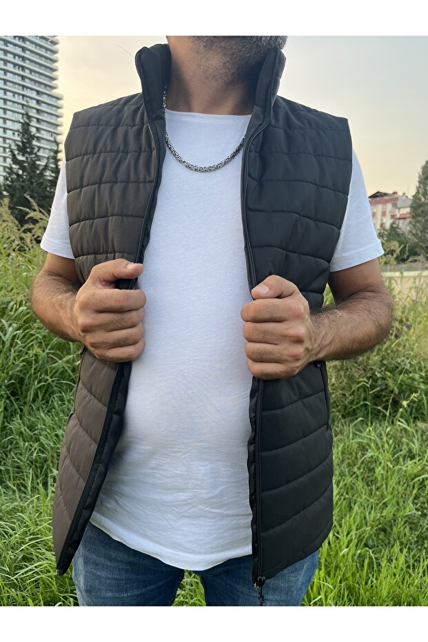 Чоловічий чорний підкладковий водо- та вітронепроникний стьобаний зручний крій надувний жилет - 2